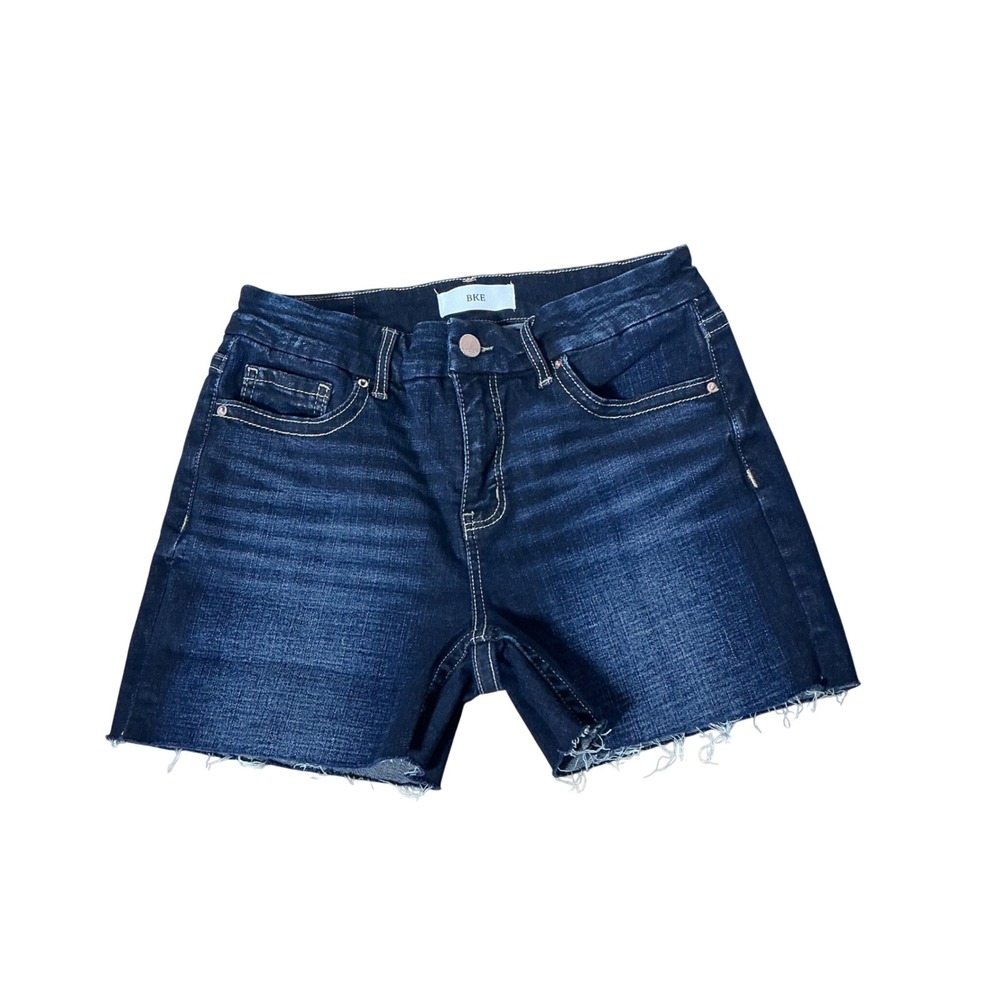 BKE Gabby Dark Wash Raw Hem Denim Shorts Size 26 ABK370 Stretch Cut Off